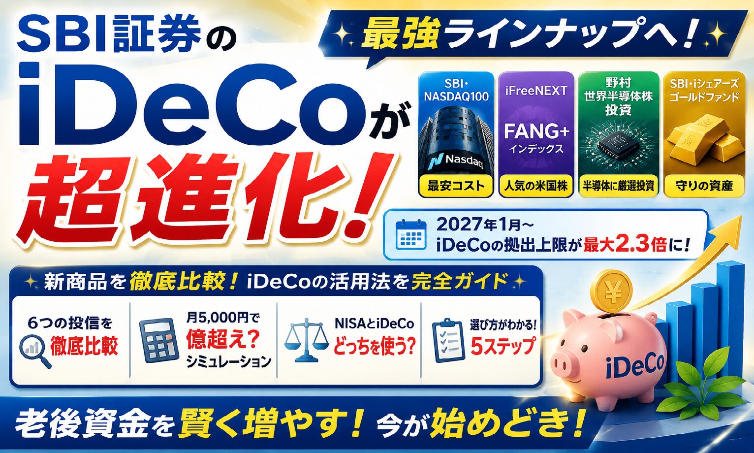 SBI証券のiDeCoが大幅進化！NASDAQ100・FANG+・ゴールド追加